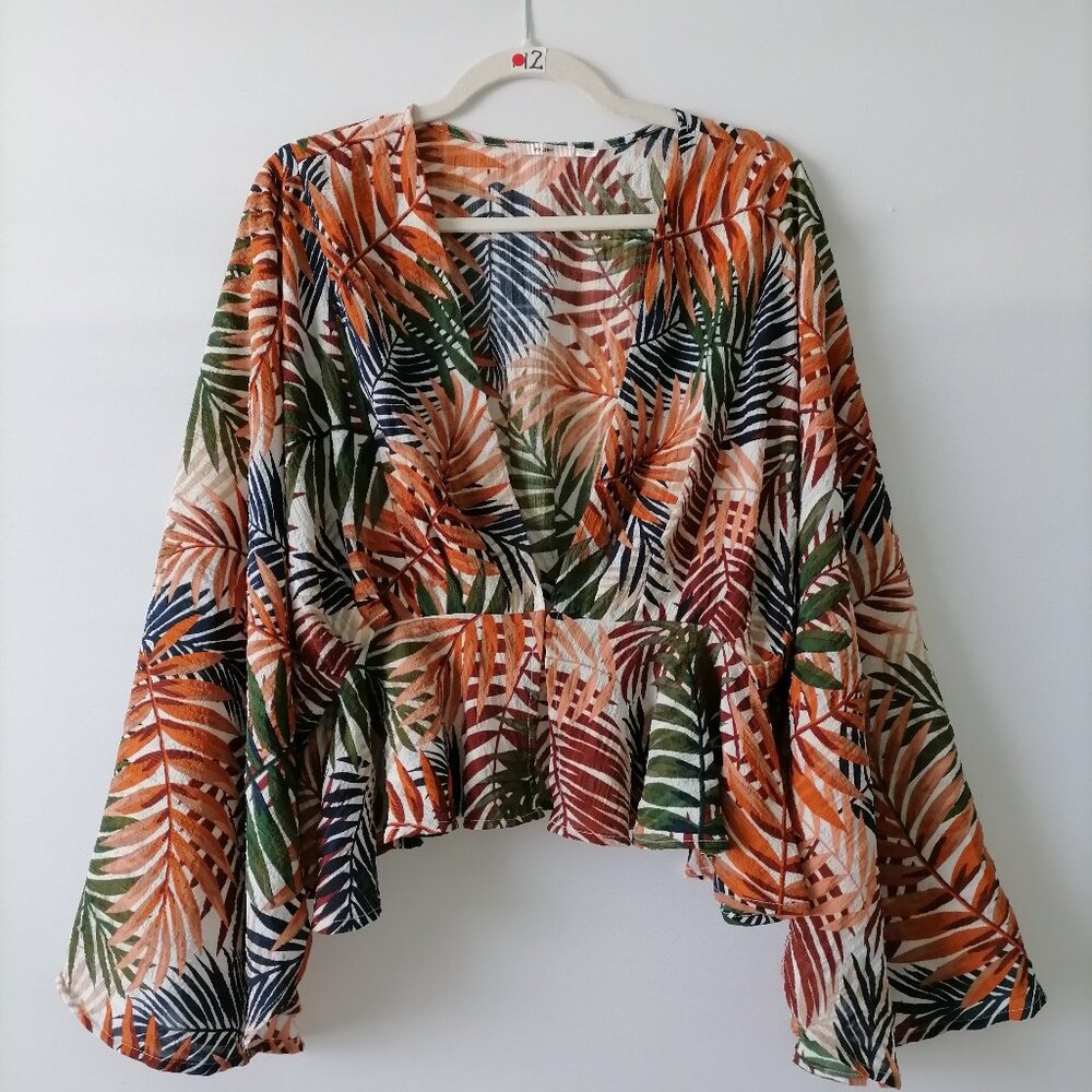 Miami Womens Multicolor Flared Sleeve Palm Leaf Print Blouse Kimono Size L